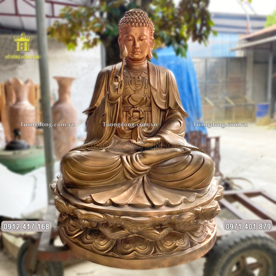Tượng Đức Phật A Di Đ&agrave; cỡ lớn bằng đồng đỏ l&agrave;m m&agrave;u nhũ